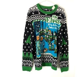 Steven Rhodes NWT Knit Crew Neck Sweater Black Green Blue Holiday Elves Motif